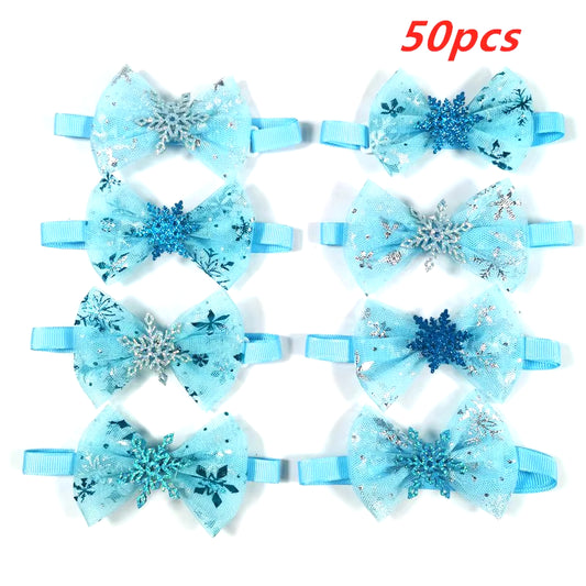 50/100Pcs Pet Dog Winter Bow Ties Snowflake Neckties Puppy Cat Dog Blue Bowties Collar Pet Dog Grooming Products for Small Dogs