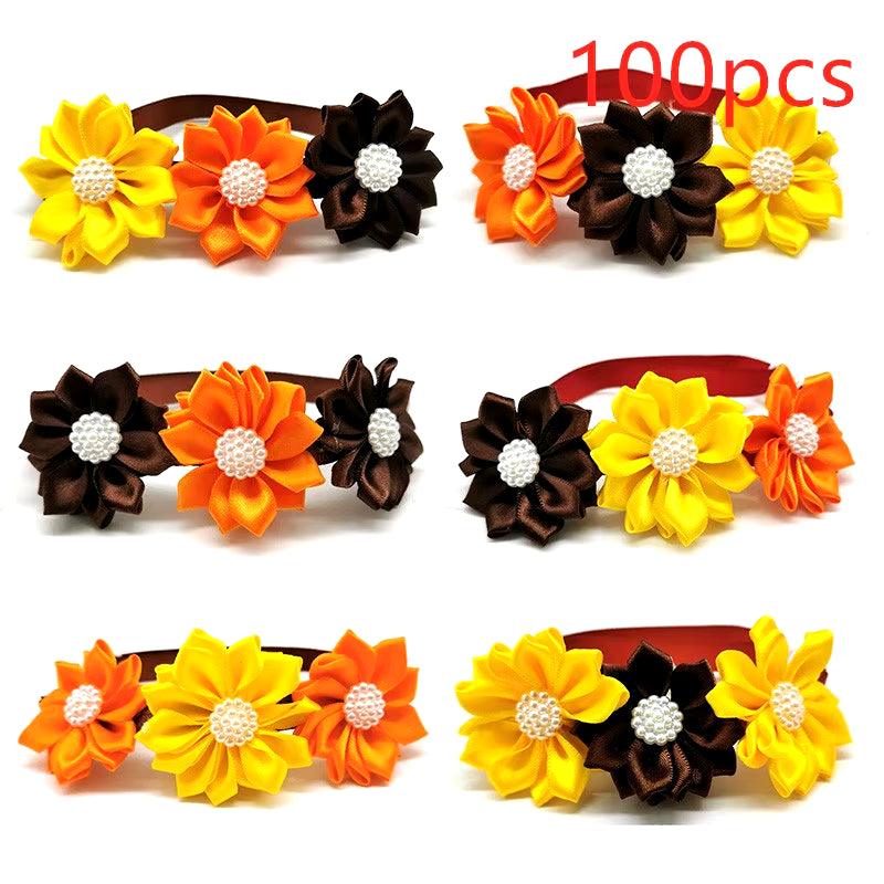 50/100Pcs Pet Bow Ties Thanksgiving Dog Accessories Pearl Flowers Fall Dog Pet Bow Tie for Small Middle Dog Grooming Products